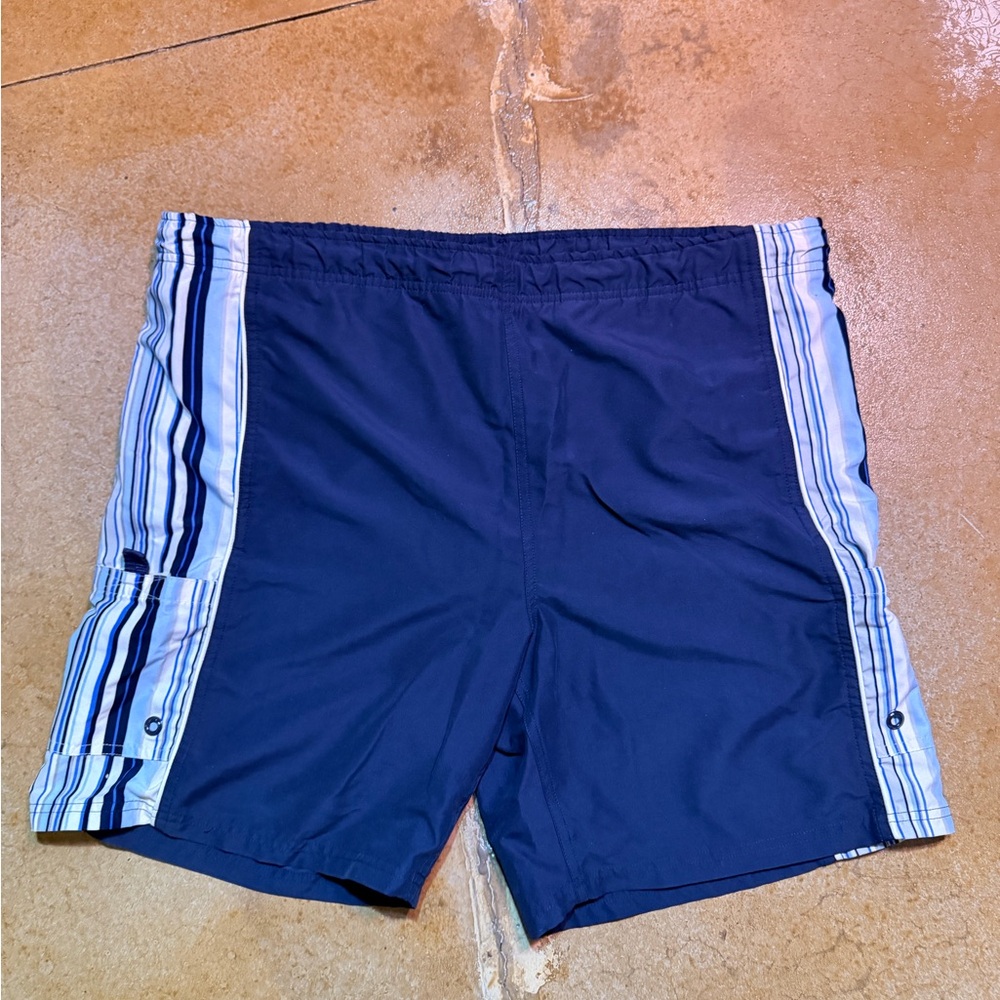 Consensus Sportswear - Navy Blue Men’s Swim Trunks with Striped Side Panels